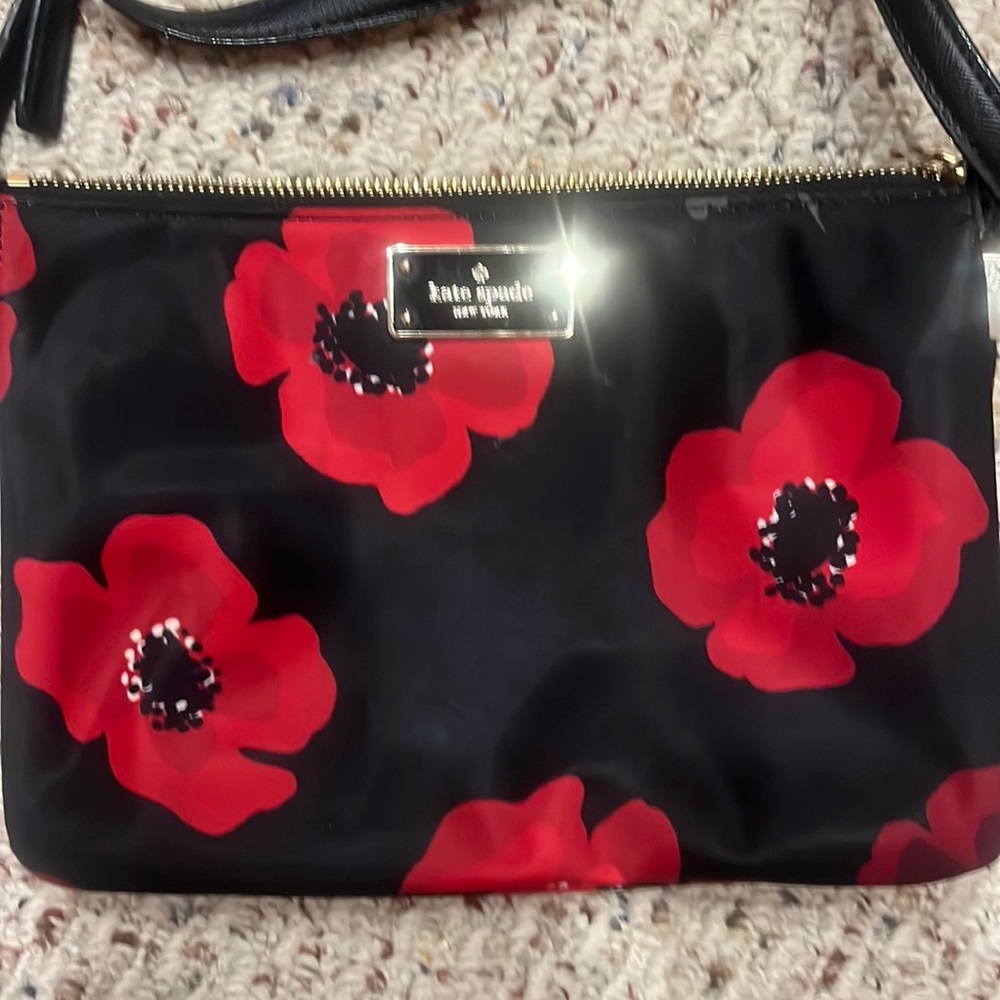 Kate, spade, red flower, purse, nylon